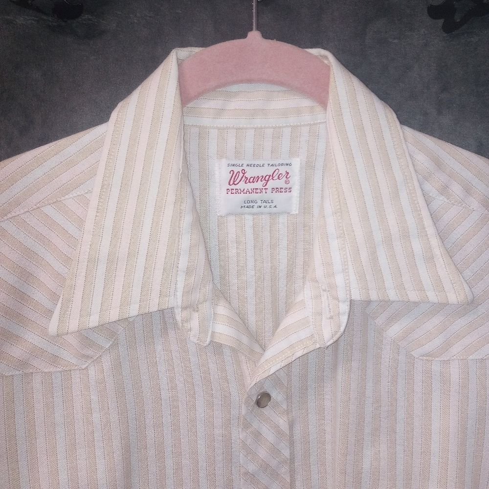 Vintage 70s Wrangler Peach Cream Stripe Pearl Snap Short Sleeve Shirt Size XL - Picture 3 of 9